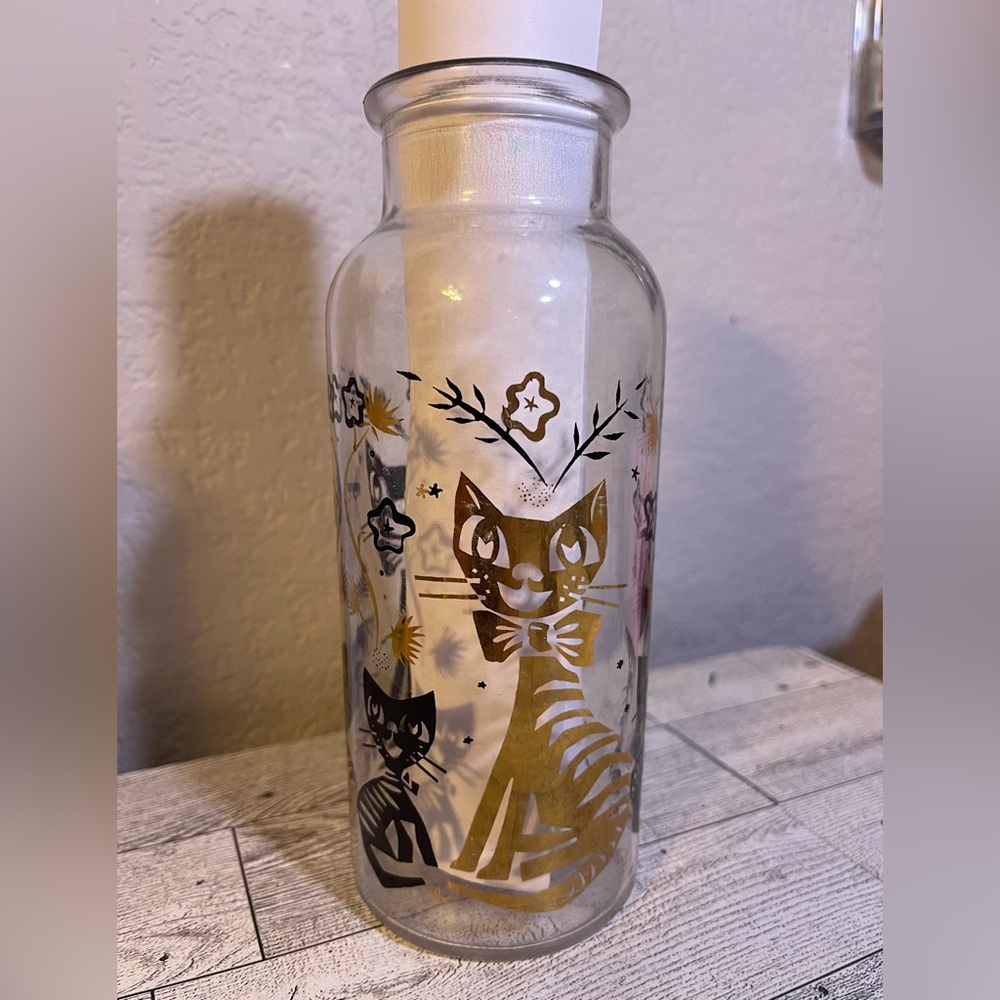 Vintage MCM Style Glass Jar Vase with Cats and Stars.   Black and Gold